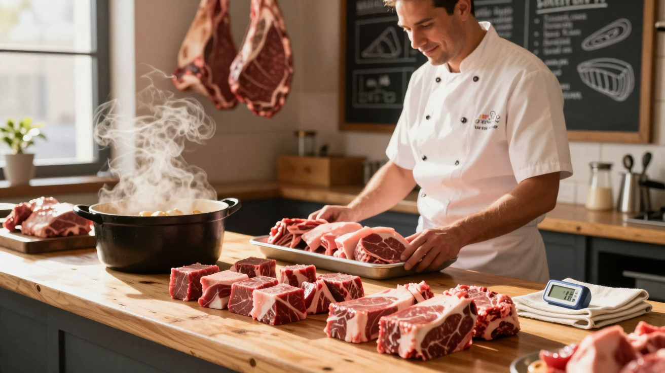 Chef a preparar bifes de carne crua numa cozinha com peças de carne penduradas e panela a fumegar.