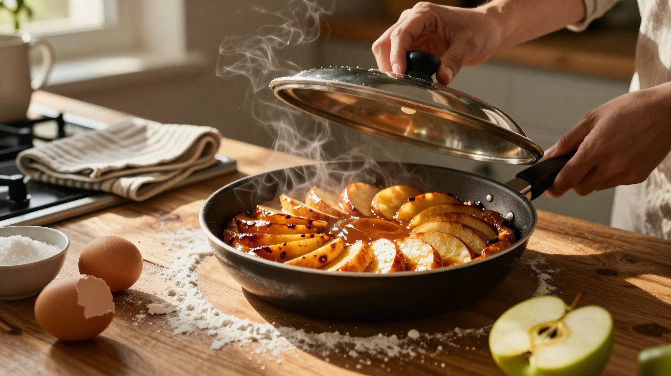 Pessoa a levantar tampa de frigideira com fatias de maçã caramelizada a cozinhar numa cozinha acolhedora.