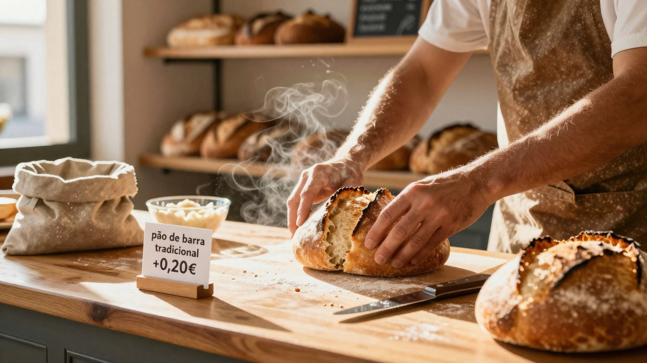 Pessoa a cortar pão artesanal quente num balcão de madeira numa padaria tradicional
