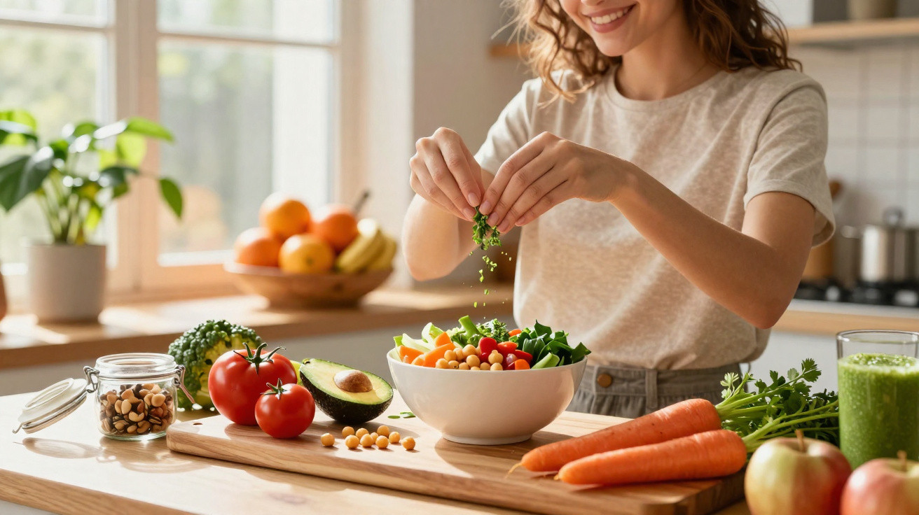 Mulher a temperar salada com legumes frescos e sumo verde numa cozinha iluminada.