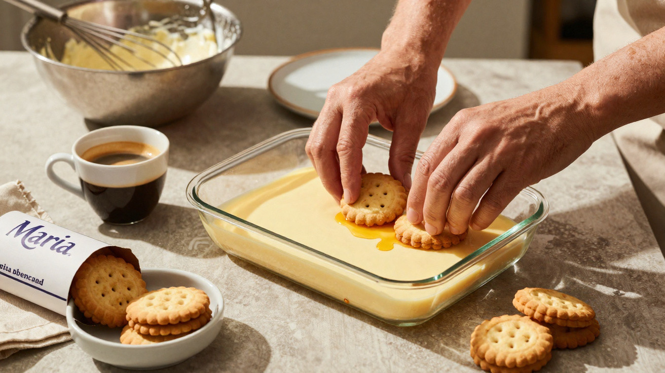 Mãos mergulhando bolachas num creme amarelo em travessa de vidro, com café e bolachas ao lado numa mesa.