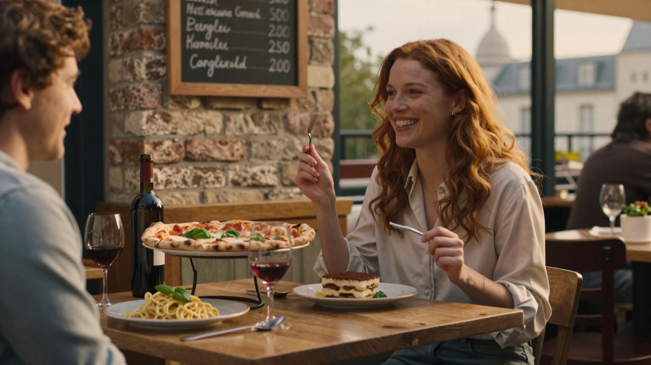 Casal a jantar numa esplanada com pratos de massa, pizza e vinho tinto numa mesa de madeira.