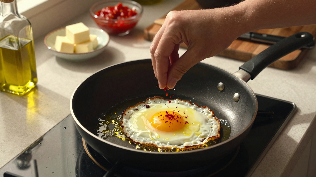 Mão a temperar com pimenta vermelha um ovo estrelado a fritar numa frigideira preta na placa.