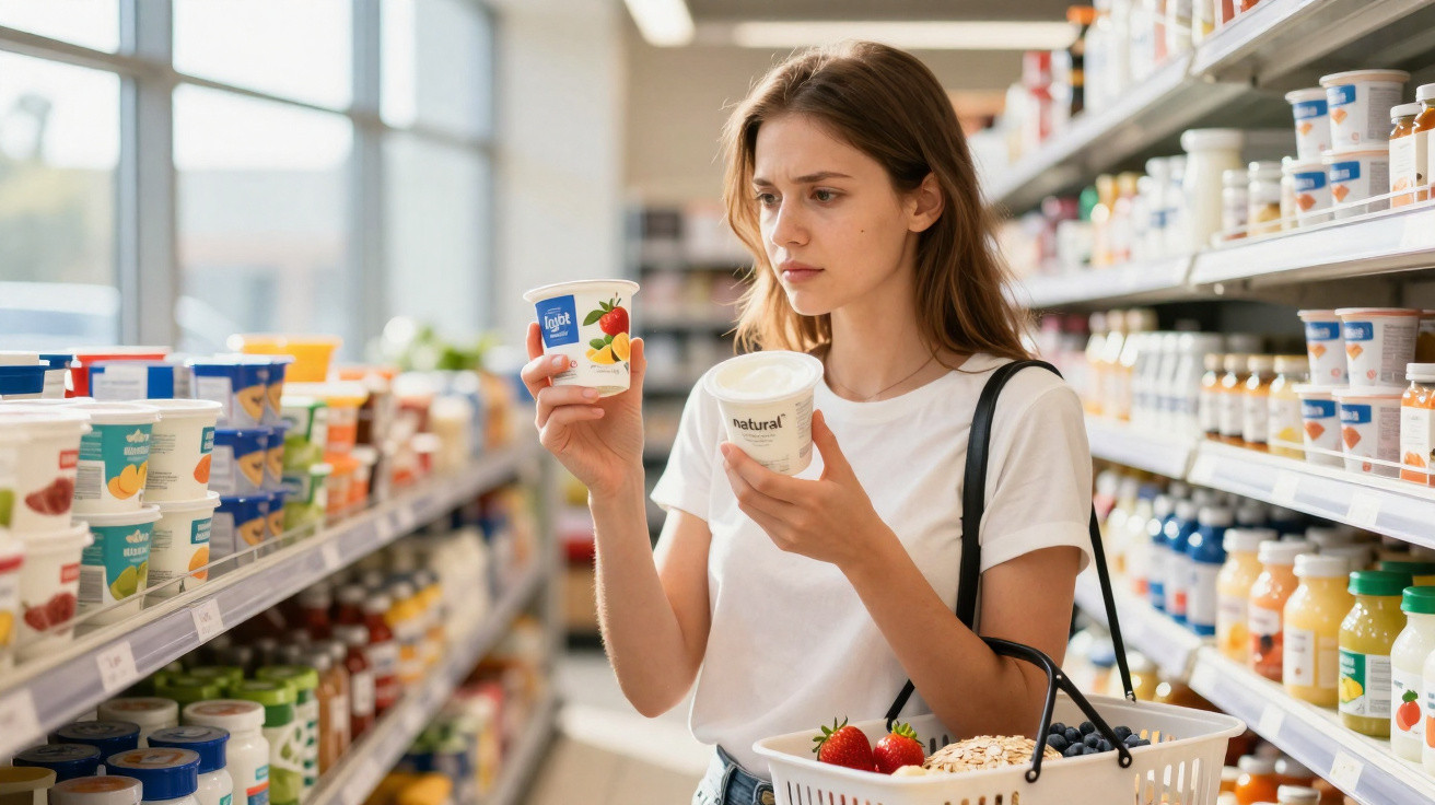 Mulher a comparar dois iogurtes no supermercado, segurando cesto com fruta e cereais.