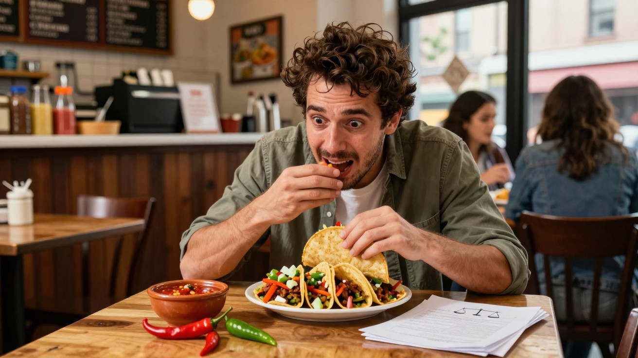 Homem entusiasmado a comer tacos numa tasca com pimenta e molho na mesa de madeira.