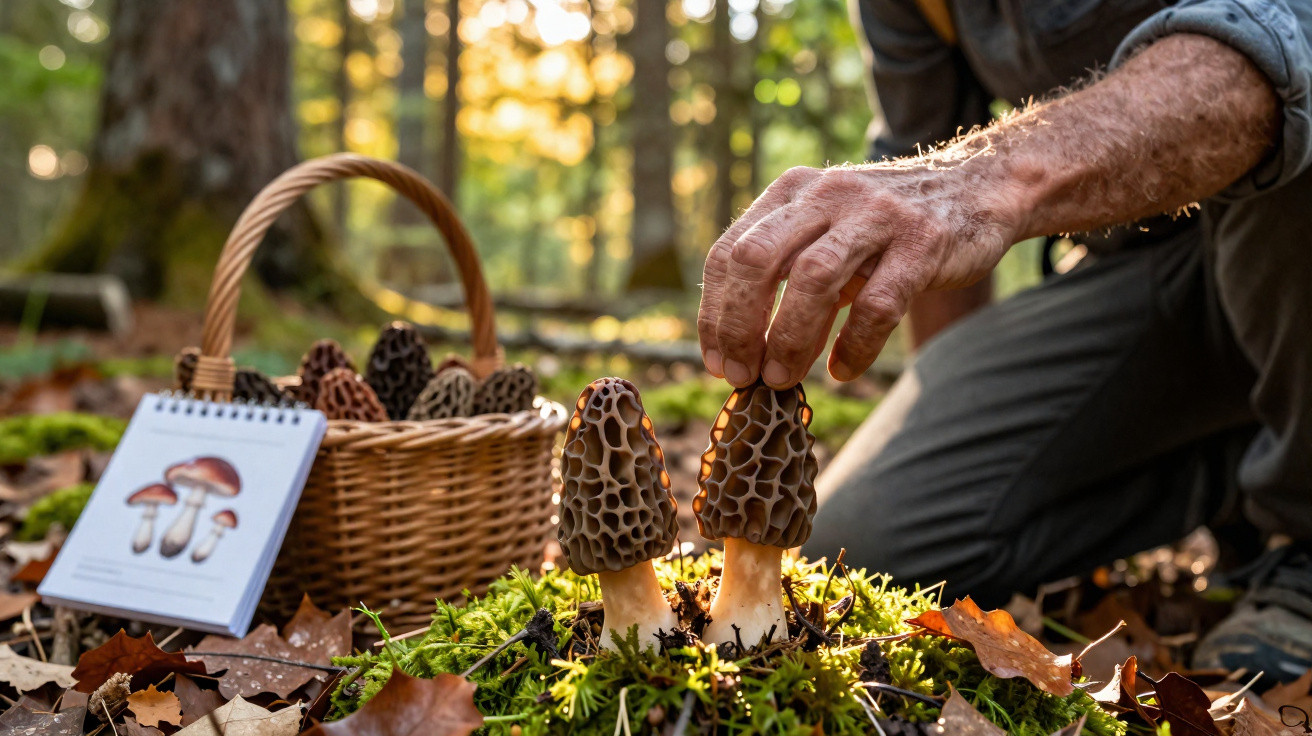 Pessoa a colher cogumelos morel num bosque com cesta e guia de identificação ao lado.