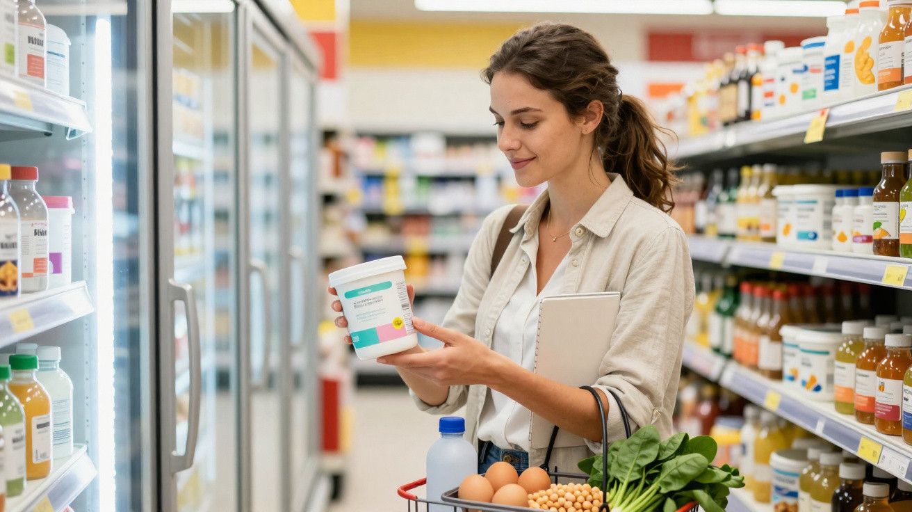 Mulher a segurar e ler rótulo de produto alimentar numa prateleira de supermercado, com cesto de compras.