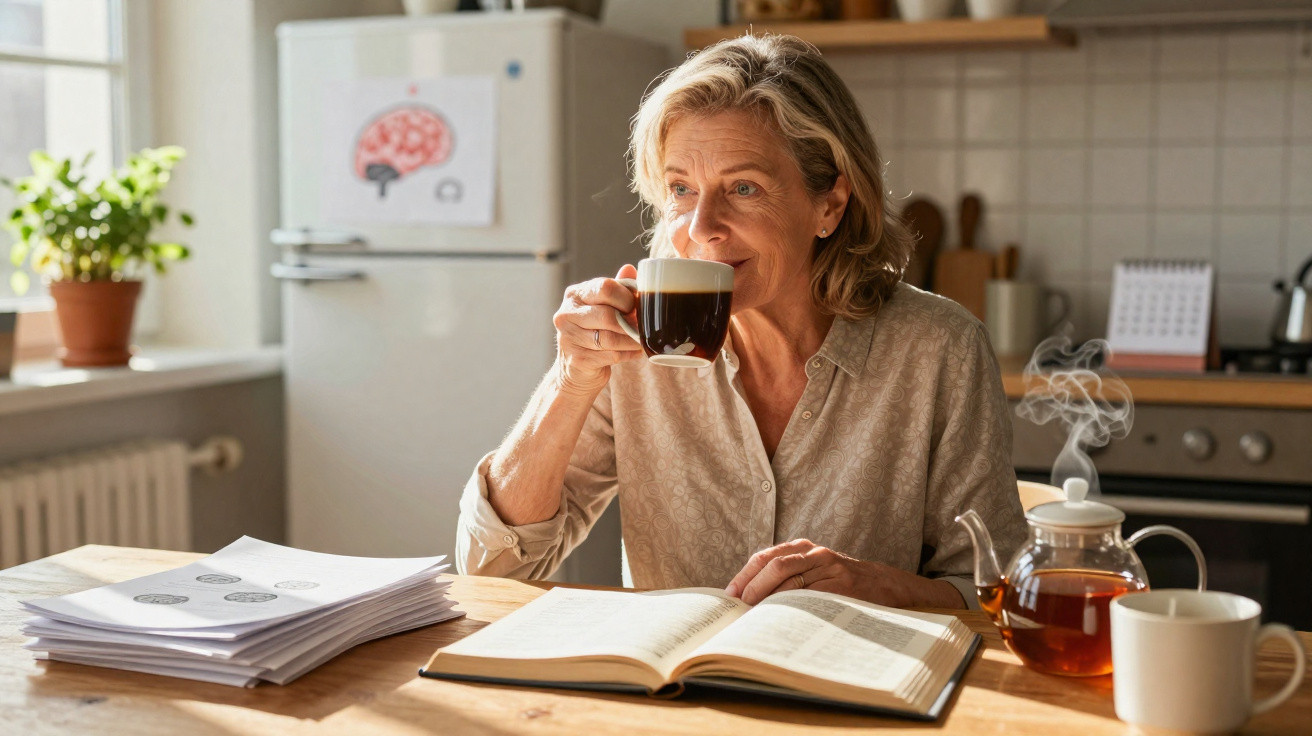 Mulher de idade média a beber café na cozinha, sentada à mesa com livro aberto e chá quente.