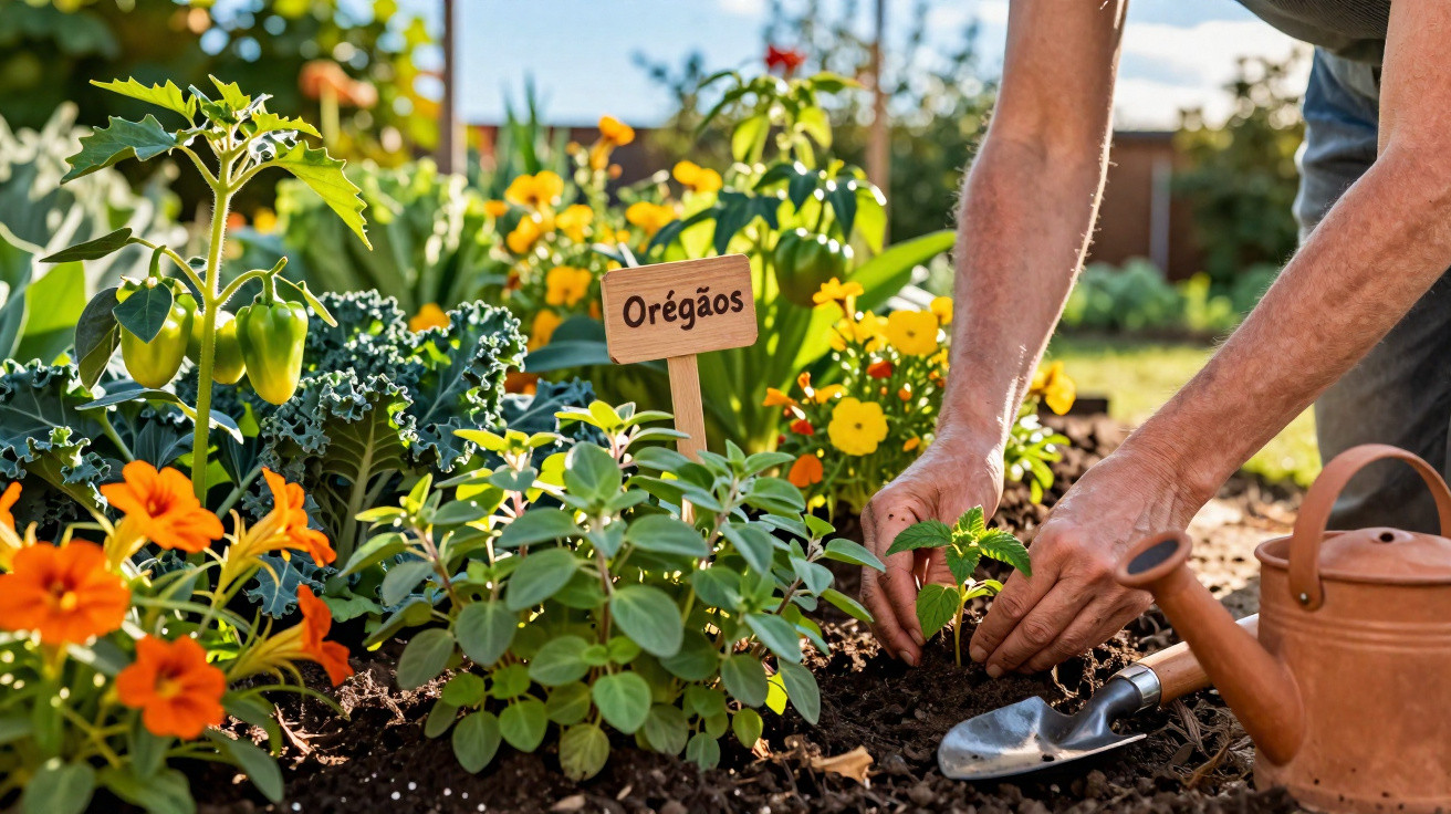 Pessoa a plantar muda num canteiro de orégãos com flores e regador num jardim soalheiro.