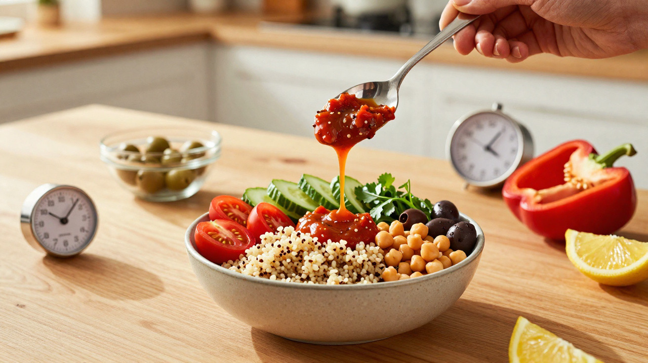 Taça com salada de quinoa, grão-de-bico, tomate, pepino, azeitonas, salsa e molho a ser colocado com colher.