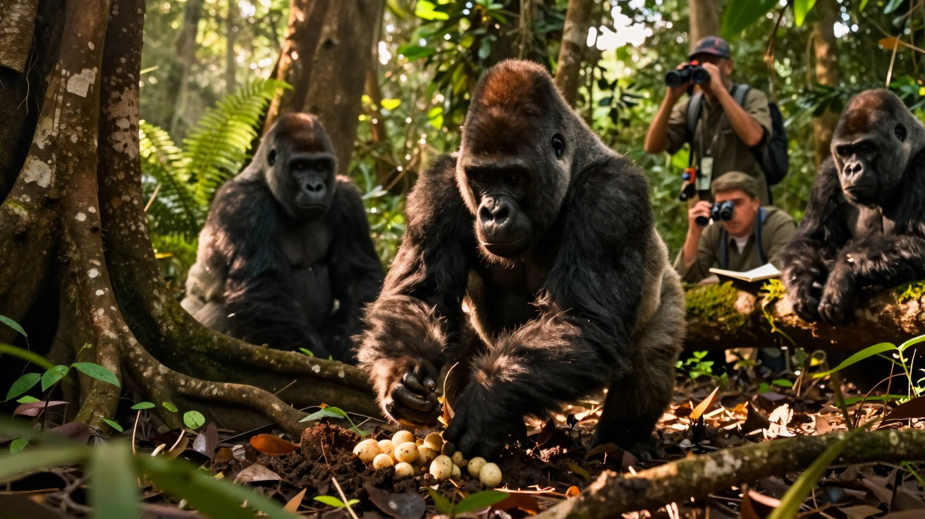 Três gorilas na floresta junto a ovos no chão, com dois observadores humanos ao fundo a fotografar.