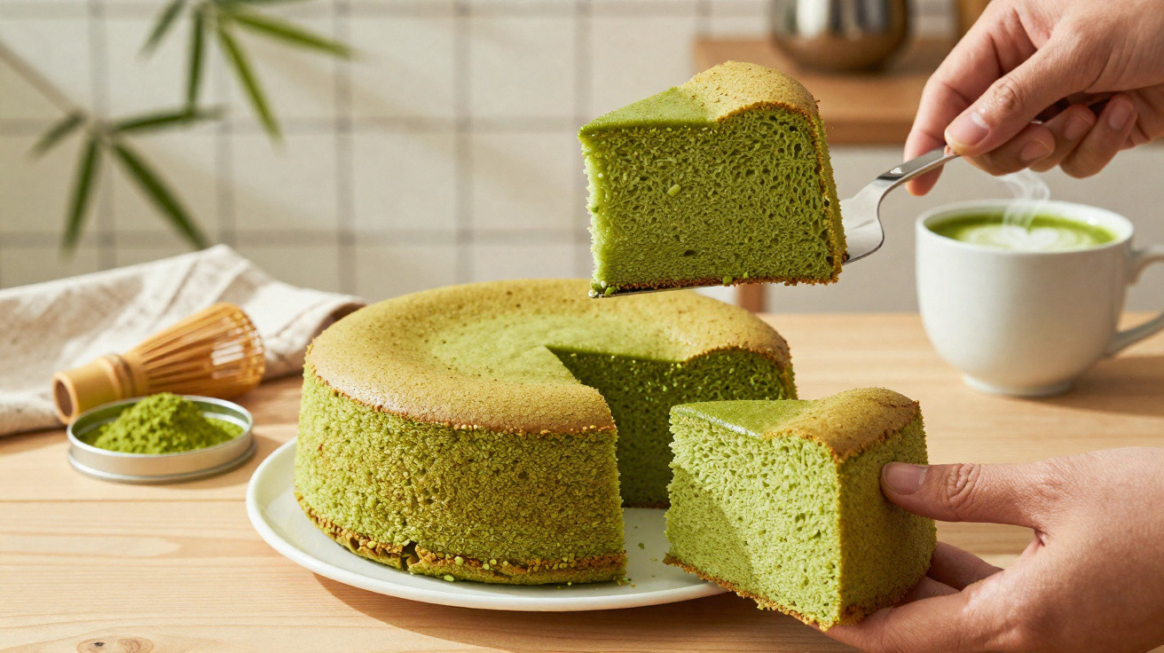 Bolo verde de chá matcha cortado, com fatias a serem servidas numa mesa de madeira.