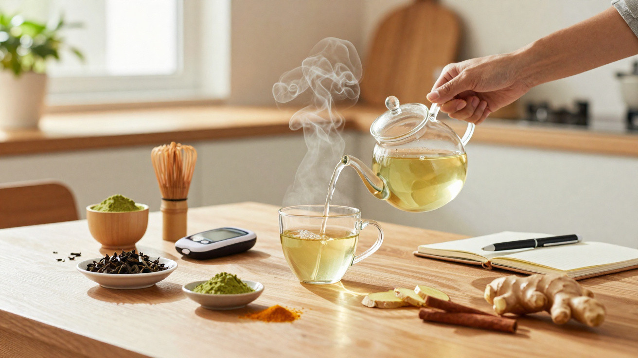 Pessoa a verter chá quente numa chávena, com ingredientes naturais e um monitor de glicose numa mesa de cozinha.