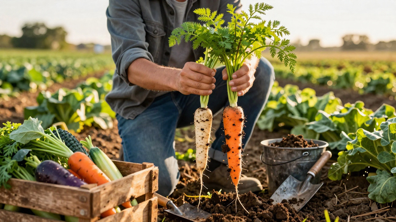 Pessoa a segurar duas cenouras, uma branca e uma laranja, num campo agrícola com vegetais ao redor.