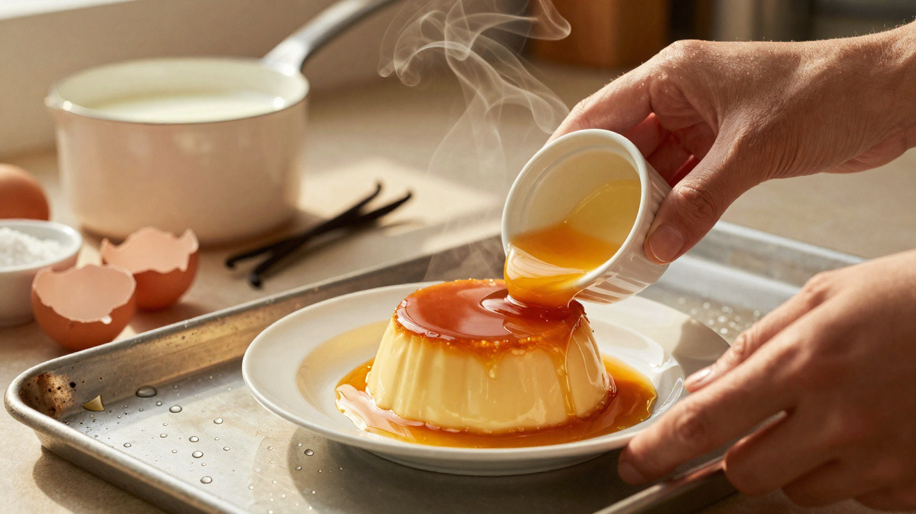 Creme caramel quente a ser servido com caramelo dourado em prato branco, ao lado de ovos e leite.