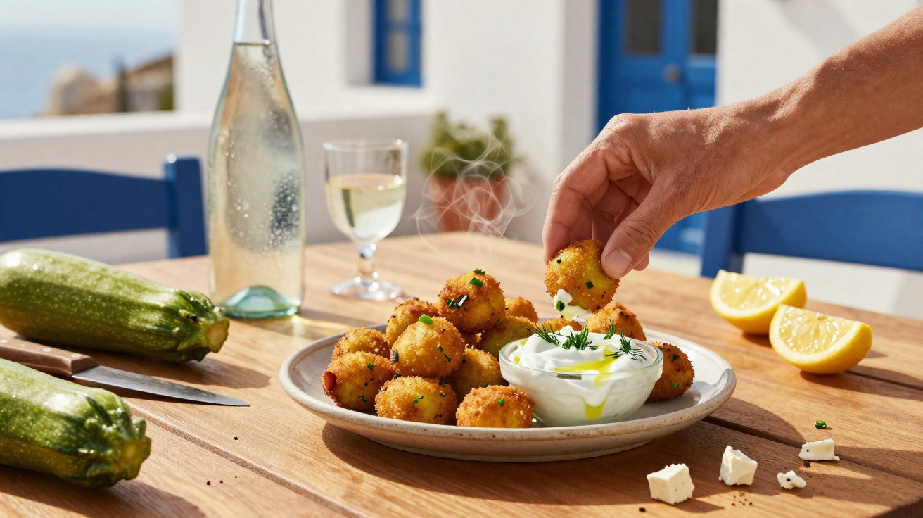 Mão a pegar bolinhas fritas servidas com molho num prato, ao lado de curgetes, limão e queijo feta.