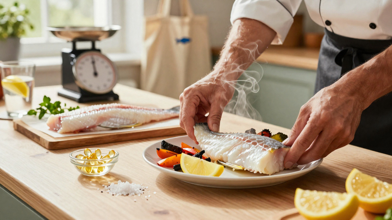Cozinheiro segura posta de peixe a fumegar sobre prato com legumes e limão numa cozinha luminosa.