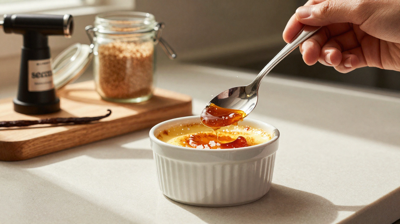 Colher a colocar caramelo crocante numa taça branca de crème brûlée sobre bancada clara.