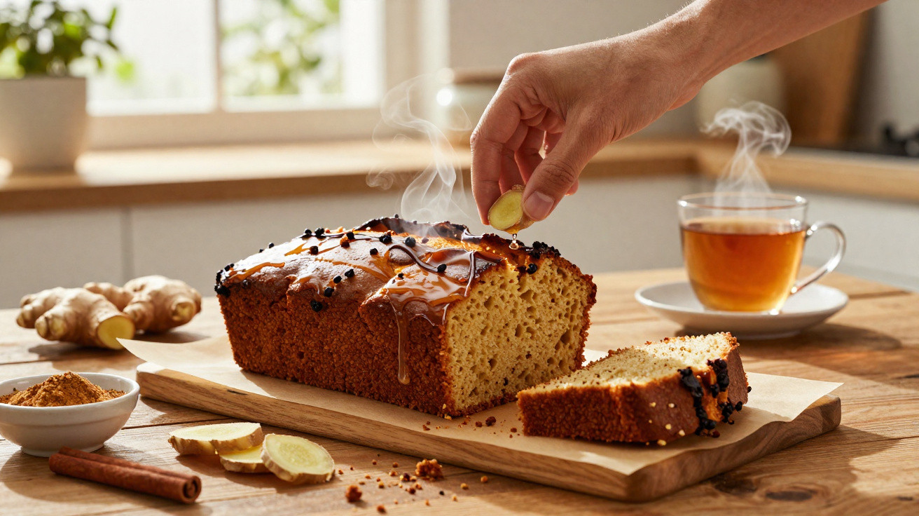 Bolo de gengibre fatiado numa tábua, com chá fumegante e especiarias numa cozinha iluminada.