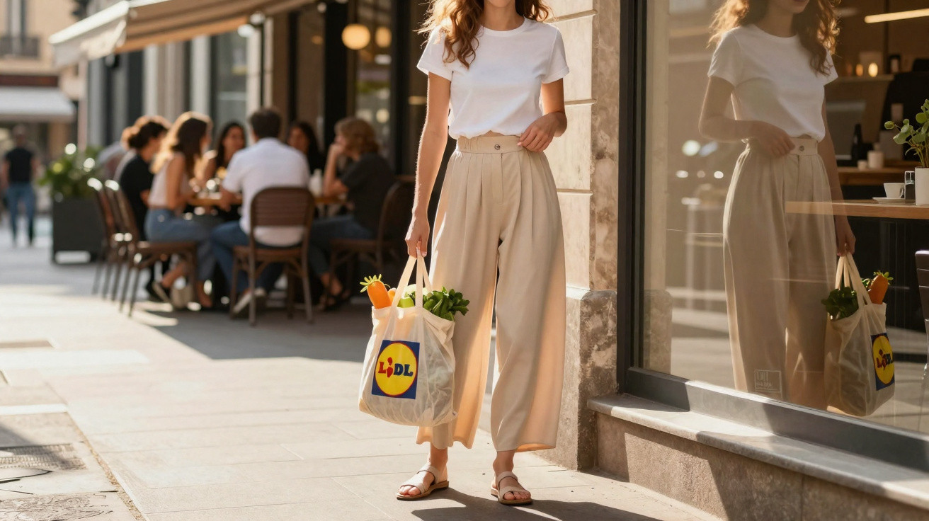 Mulher de roupa casual com saco Lidl cheio de legumes a caminhar à beira de uma rua movimentada.