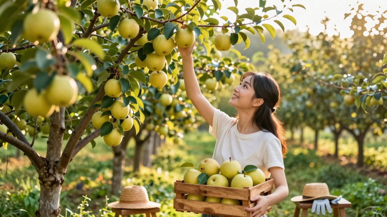 Mulher colhendo pêras maduras numa árvore numa plantação ensolarada, segurando caixa cheia de fruta.