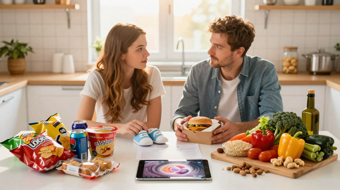 Casal à mesa em cozinha com alimentos processados e saudáveis, discutindo escolhas alimentares.