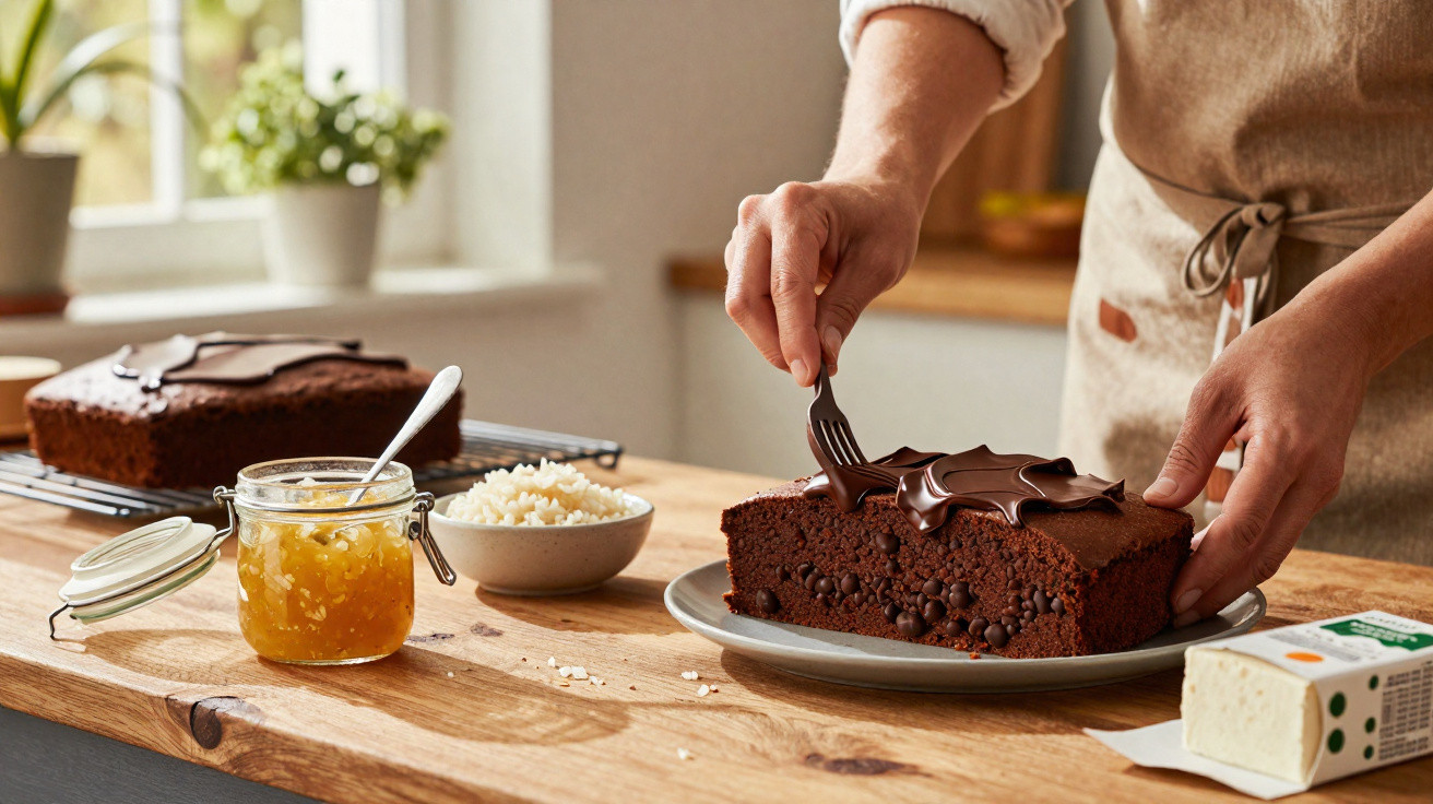 Pessoa a cortar bolo de chocolate com cobertura numa cozinha iluminada com ingredientes sobre a mesa.