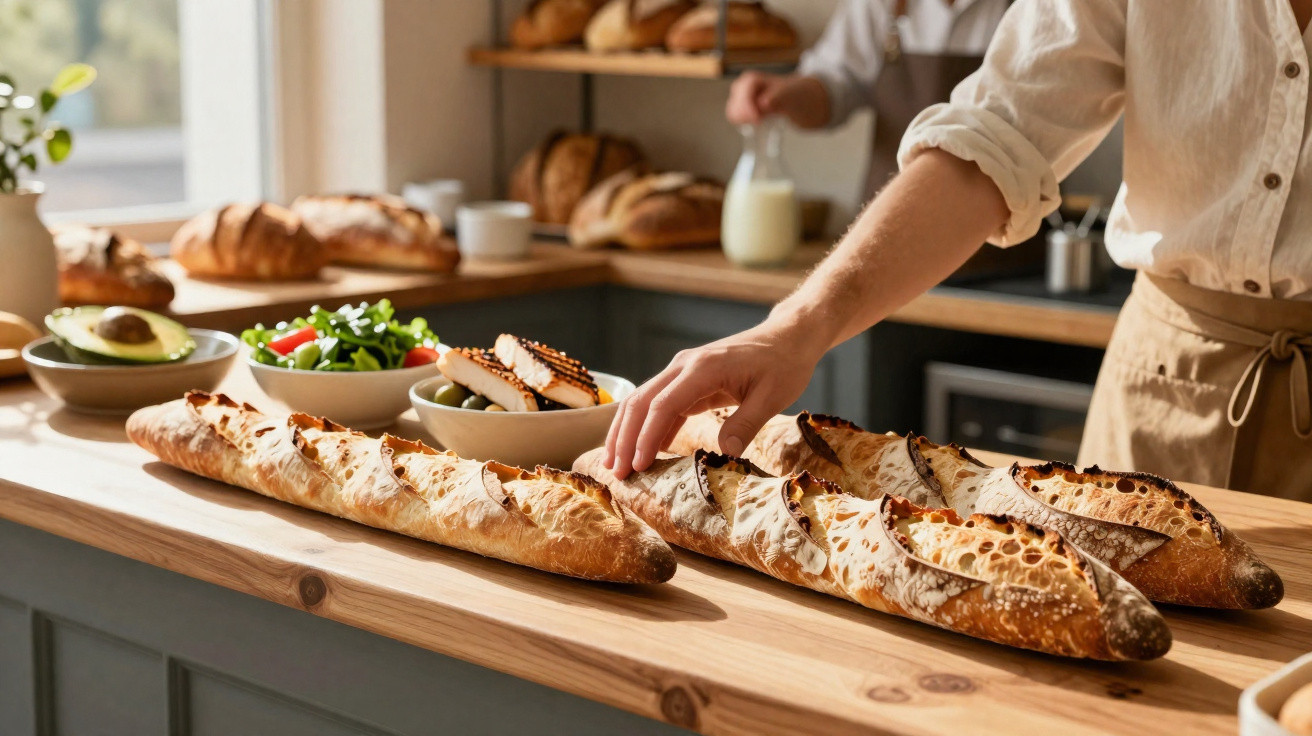 Pessoa a pegar numa baguete num balcão de madeira com vários tipos de pão e saladas ao fundo numa padaria.