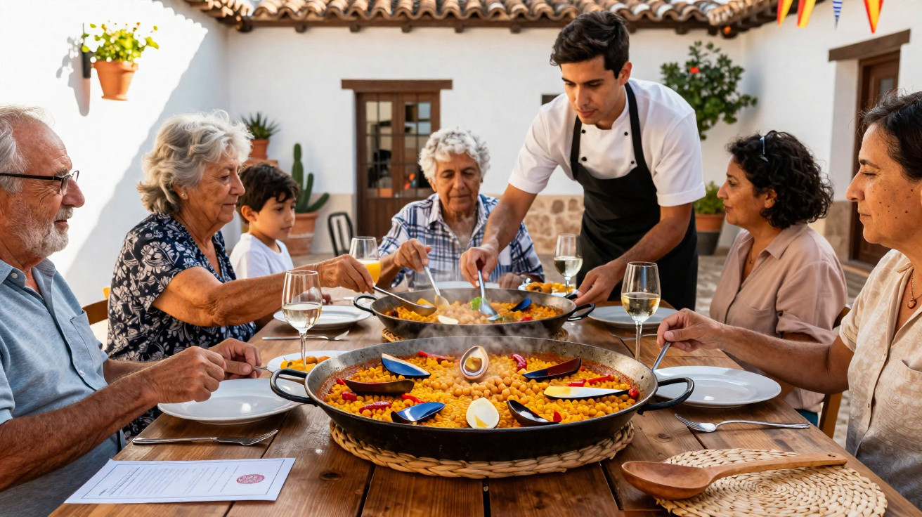 Família multigeracional a partilhar paella numa mesa de madeira num pátio ensolarado.