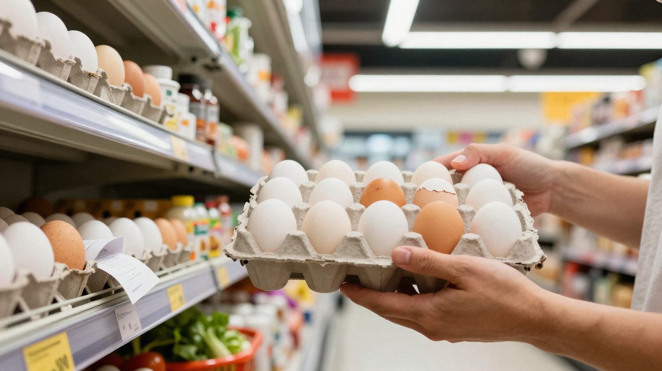 Mãos seguram uma caixa de ovos brancos e castanhos num corredor de supermercado com prateleiras de produtos.