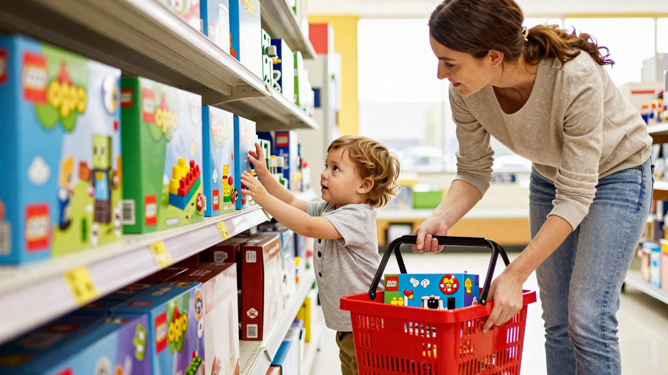 Criança a escolher brinquedo numa prateleira com mãe a segurá-la e a carregar um cesto de compras vermelho.