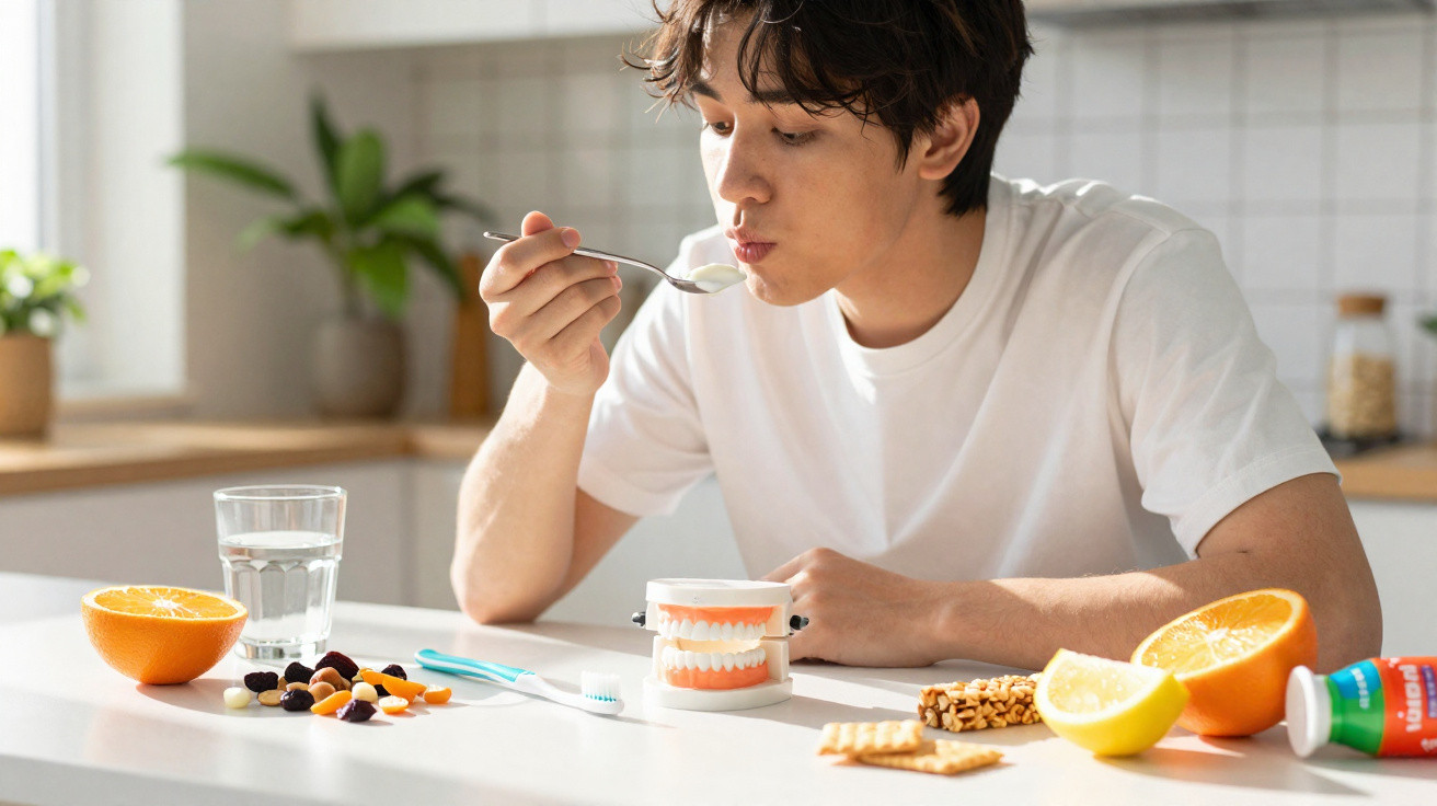 Homem jovem a comer com colher sentado numa cozinha com frutas, comprimidos e um modelo de dentes na mesa.