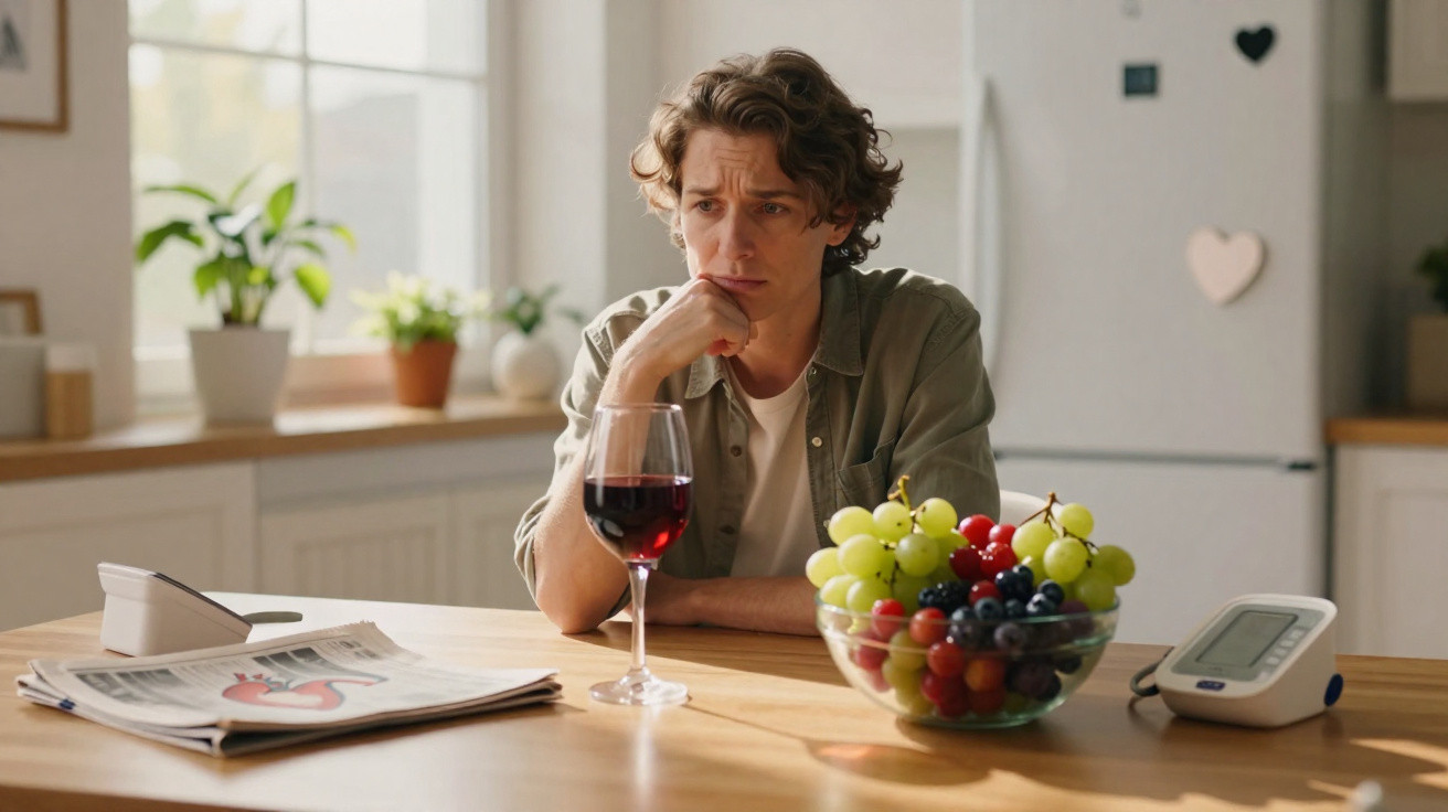 Homem preocupado sentado à mesa com copo de vinho, jornais, fruta e aparelho de medição de pressão.