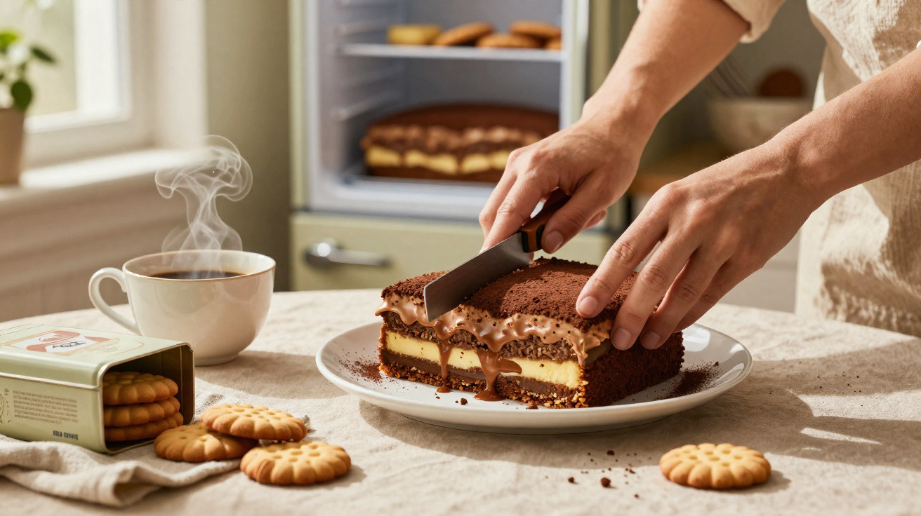 Pessoa a cortar bolo de chocolate com recheio cremoso ao lado de chávena de café quente e bolachas.