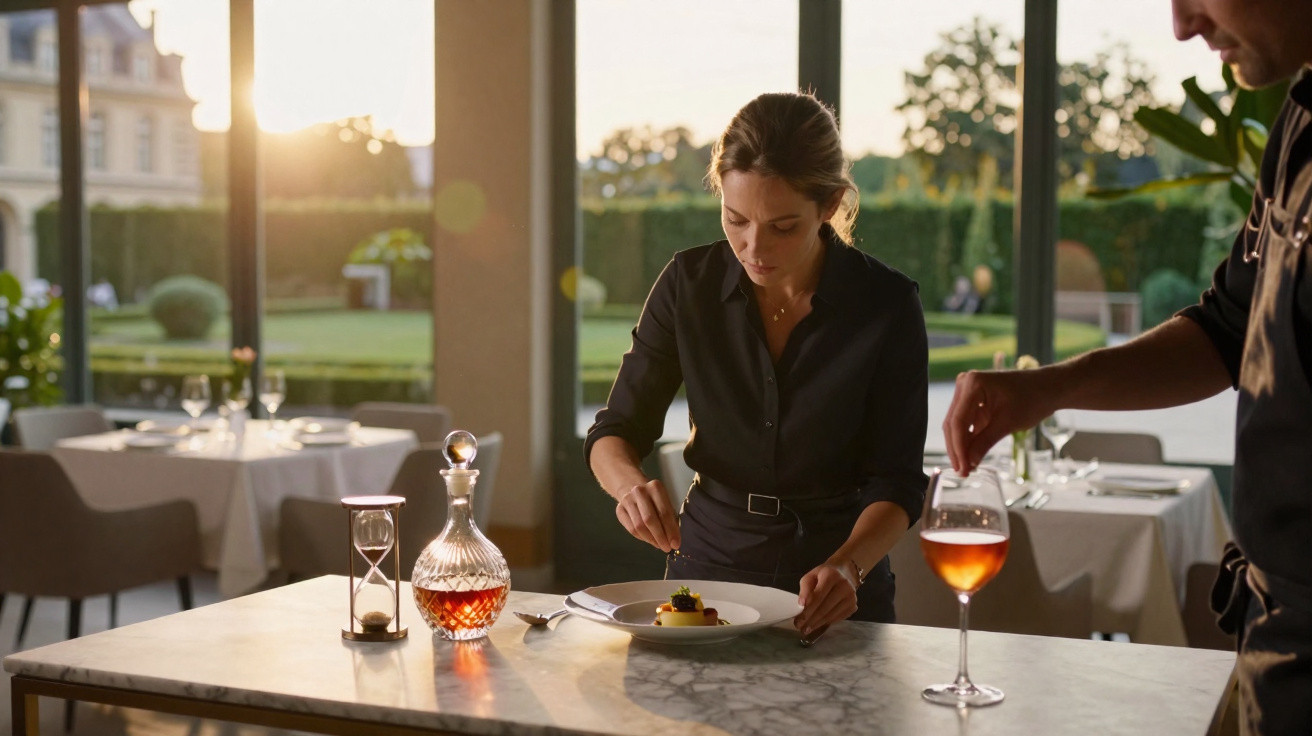 Mulher a preparar prato num restaurante elegante com luz natural ao fim da tarde.