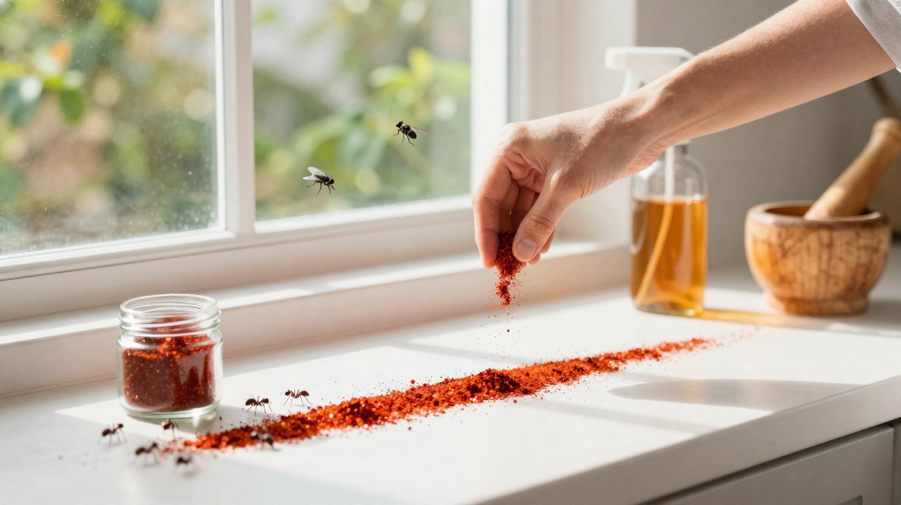 Mão a espalhar pó vermelho em linha para afastar formigas numa superfície branca junto a uma janela.