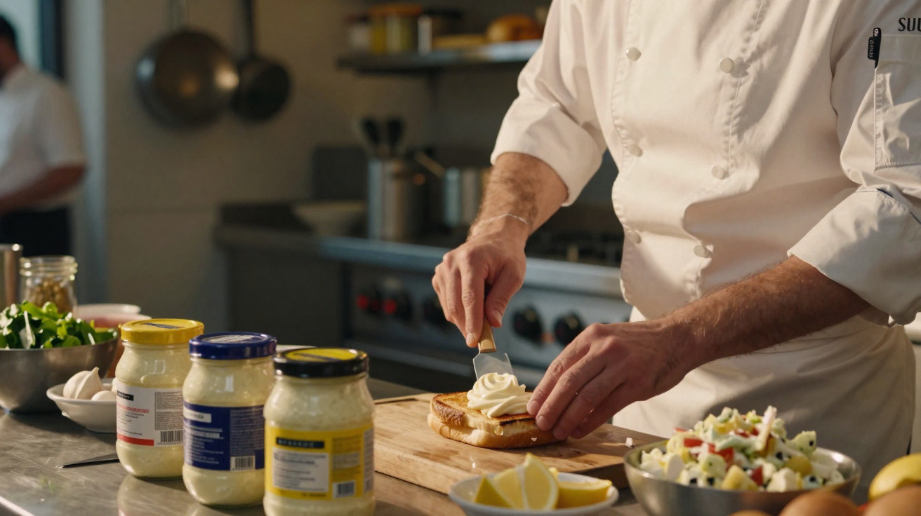 Chef a preparar sanduíche com maionese numa cozinha profissional com vários ingredientes à volta.