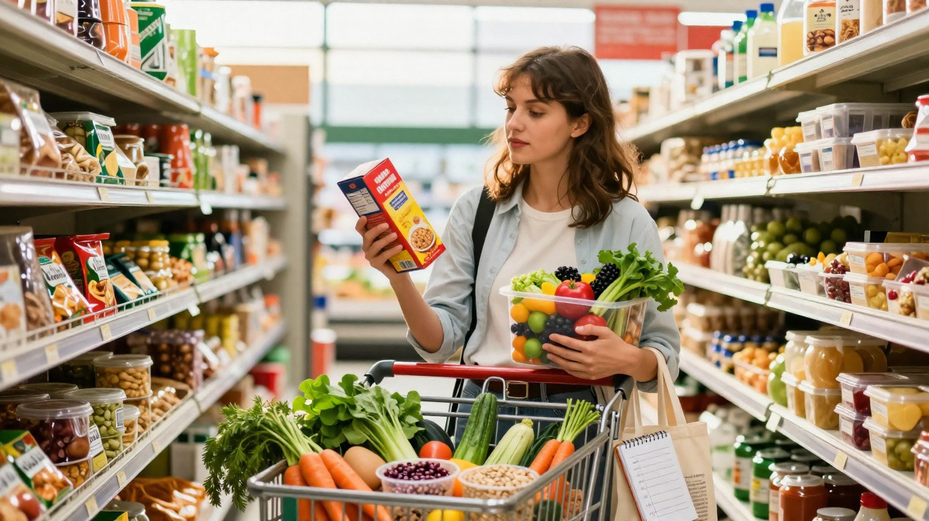 Mulher a fazer compras num supermercado, segurando uma caixa e uma taça com frutas e legumes frescos.
