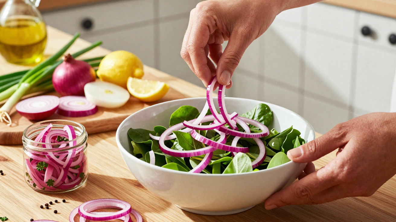Mãos a preparar salada com espinafres frescos e rodelas de cebola roxa numa tigela branca na cozinha.