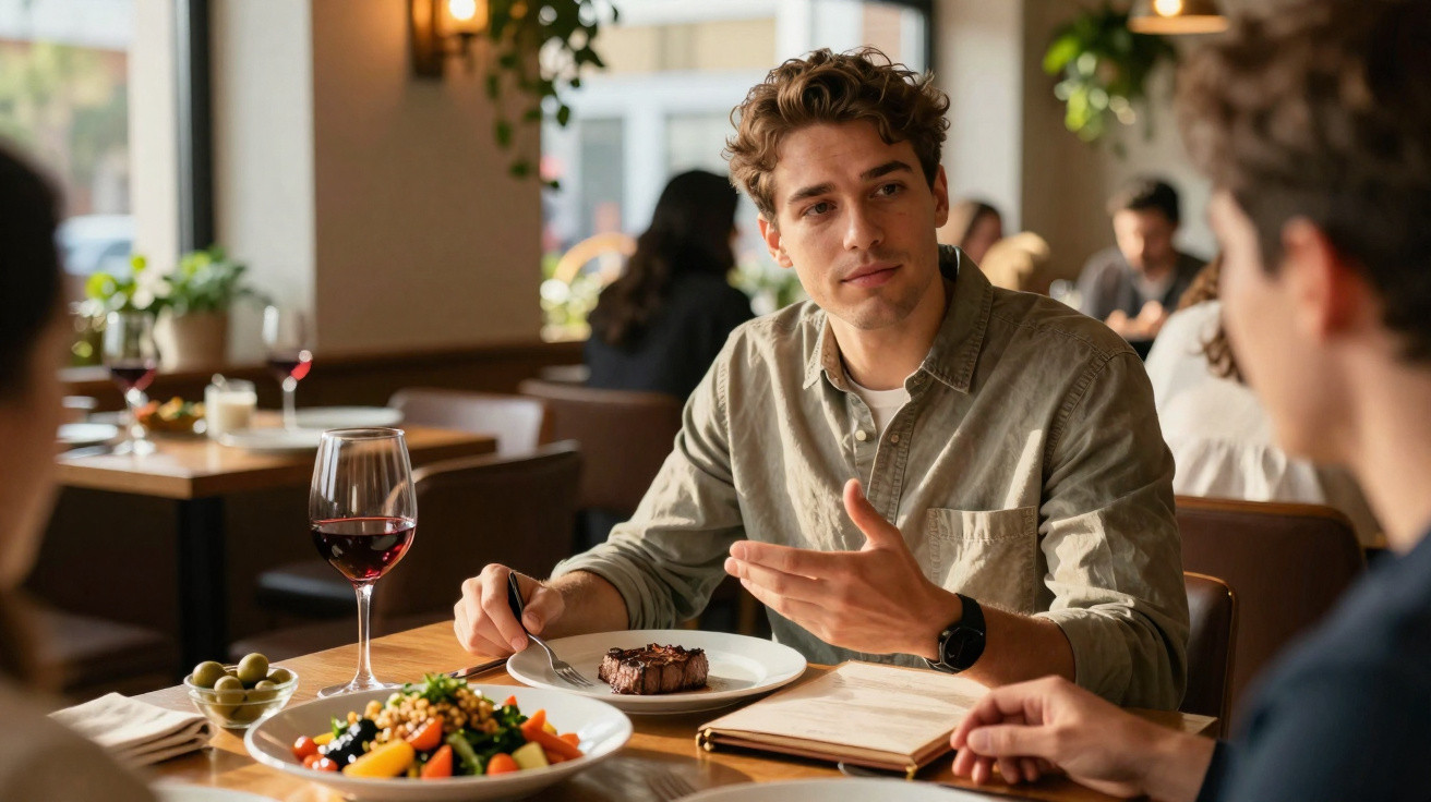 Homem a conversar e comer bife com vinho tinto num restaurante casual com amigos.