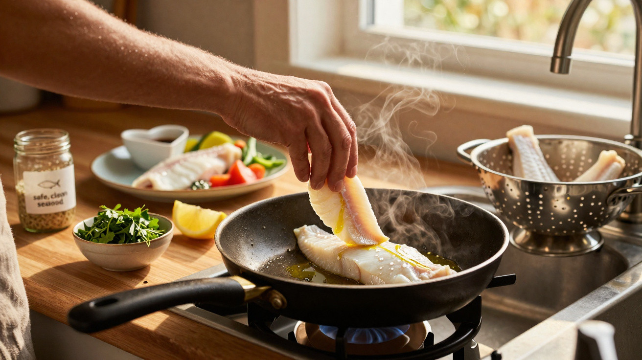 Pessoa a cozinhar filetes de peixe numa frigideira sobre um fogão com vapor a sair.