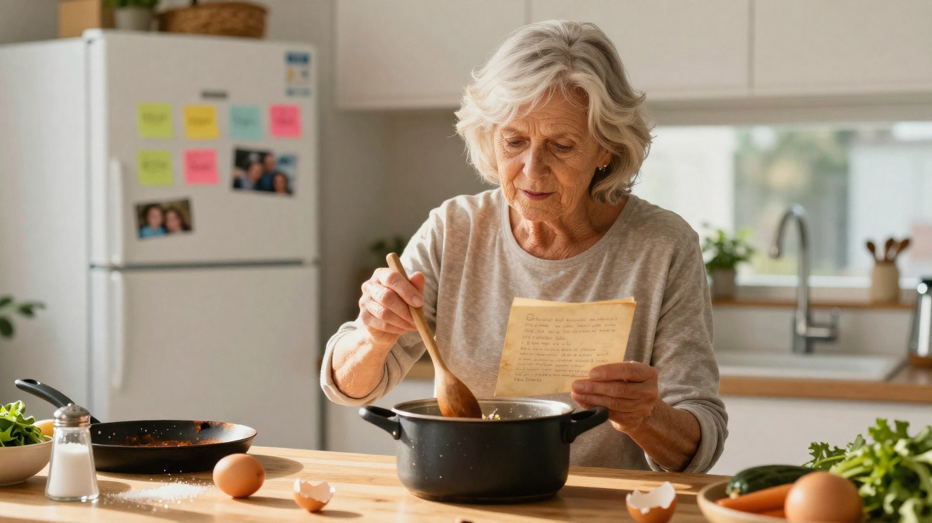 Idosa a cozinhar na cozinha, mexendo um tacho e a ler uma receita escrita à mão.