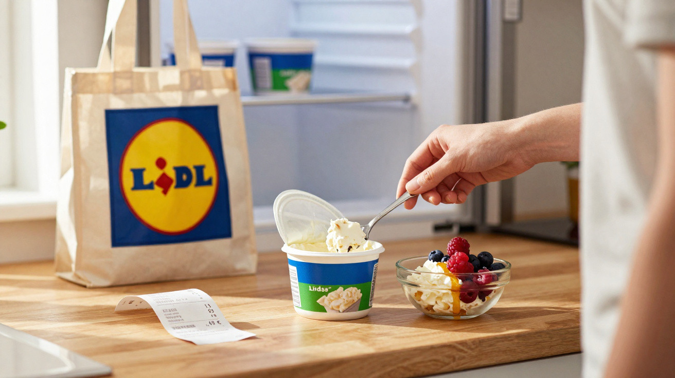 Mão a colher creme para uma taça com frutos vermelhos numa cozinha com saco de compras Lidl e talão na bancada.