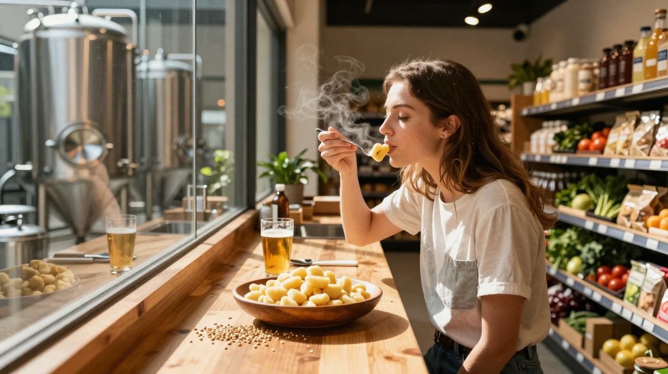 Mulher a saborear macarrão fumegante num restaurante ou mercado com bebidas e produtos à venda.