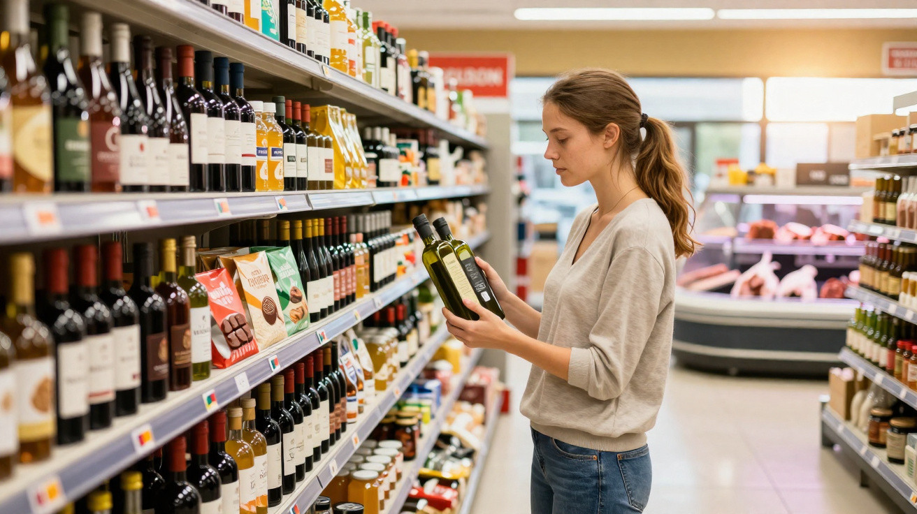 Mulher a analisar garrafas de azeite numa prateleira de supermercado.