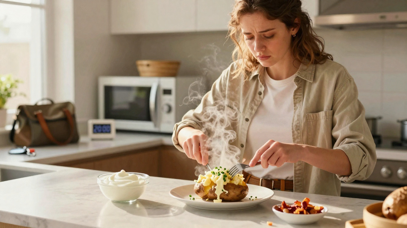 Mulher a cortar uma batata assada quente com molho e ervas numa cozinha moderna.