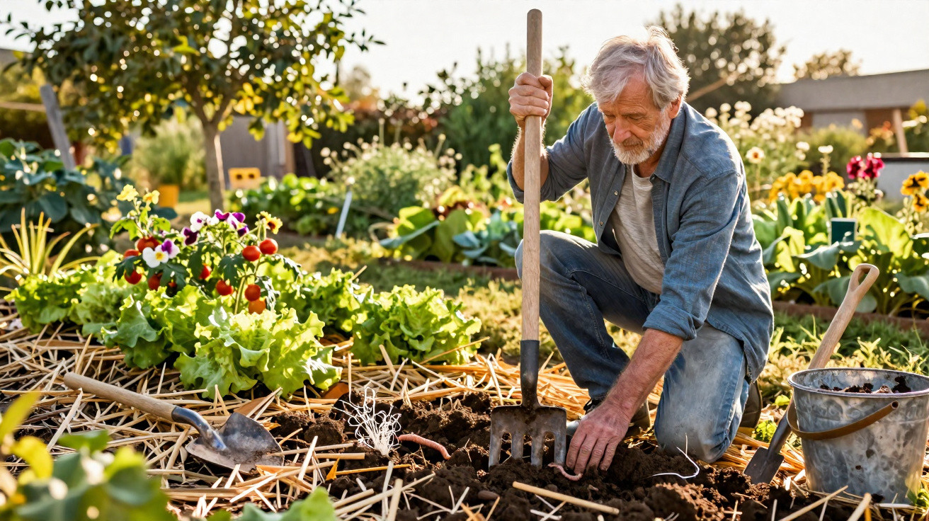 Homem idoso a cultivar legumes num jardim, usando enxada e rodeado de plantas verdes e flores coloridas.