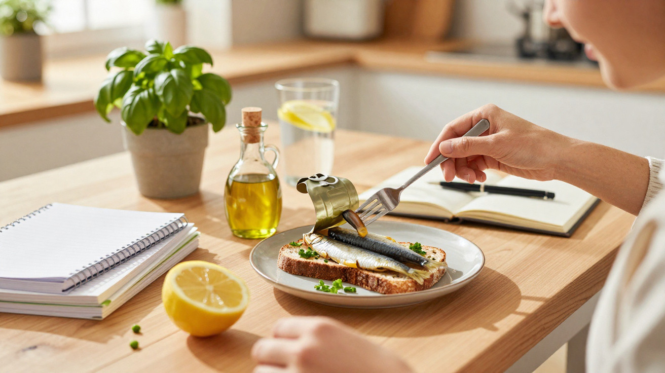 Pessoa a comer sardinha em pão com ervas, limão e azeite numa mesa de cozinha iluminada pela luz natural.