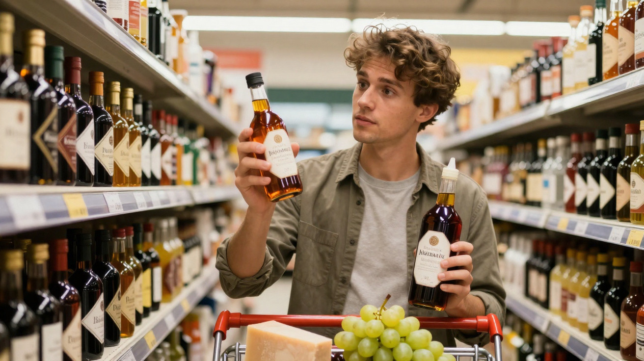 Homem com carrinho de compras escolhe garrafas de bebida alcoólica num corredor de supermercado.
