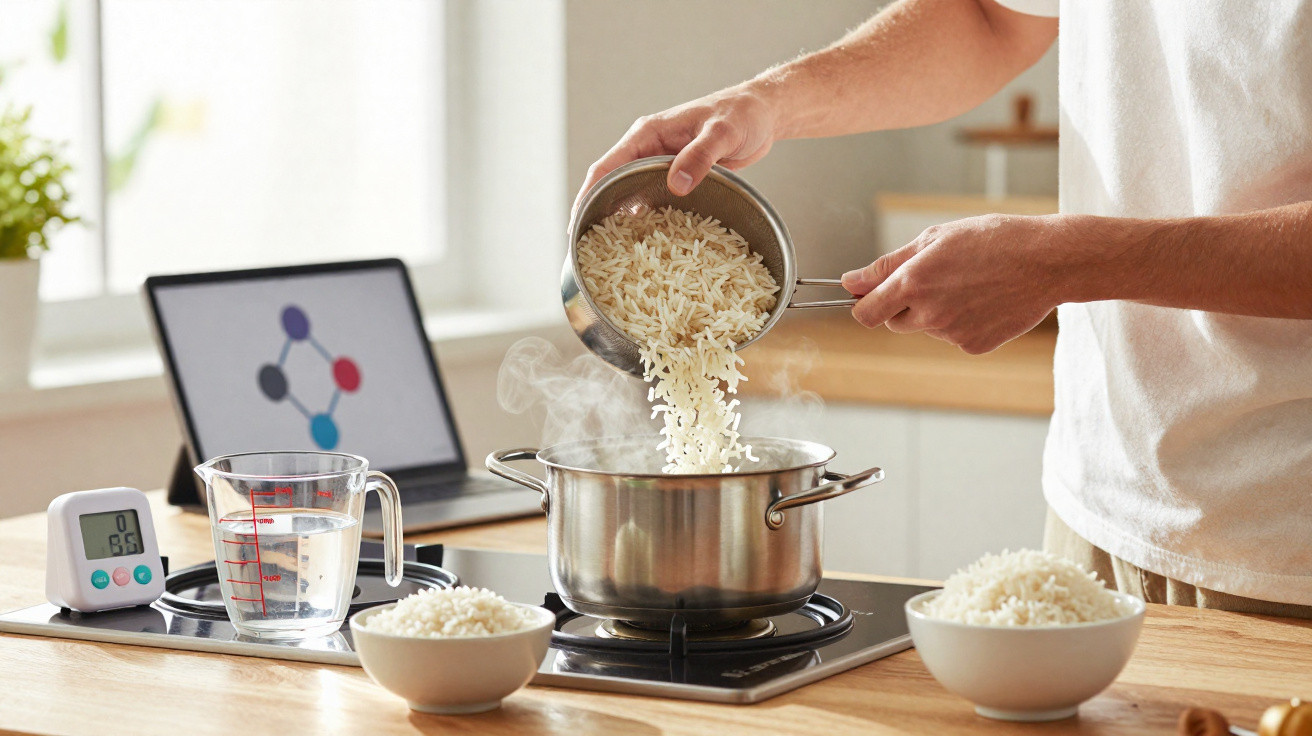 Mãos a colocar arroz numa panela a ferver numa cozinha moderna com computador portátil ao fundo.